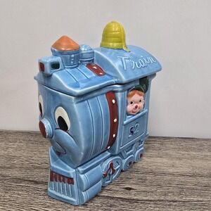 Vintage Blue Train‎ Locomotive W/ Face Cookie Jar MCM-JAPAN Train Little Boy